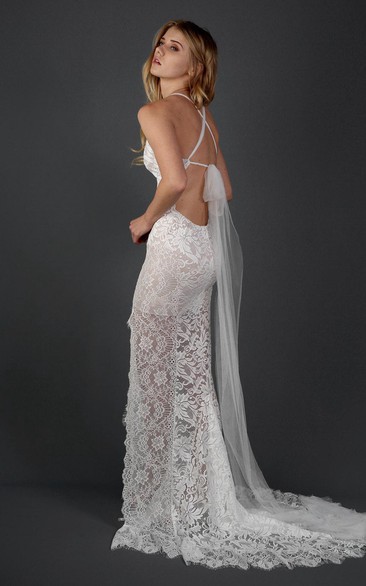 Lace Illusion Scalloped Halter Wedding Dress