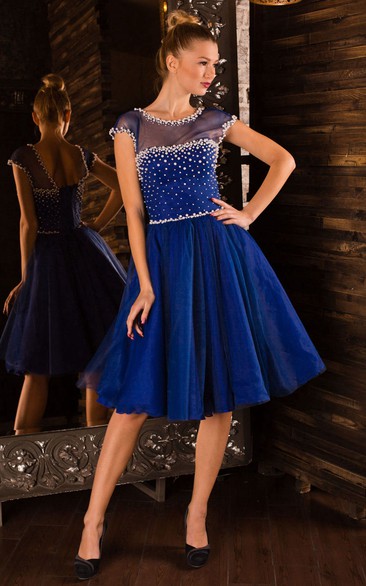 A-Line Knee-Length Jewel Short Sleeve Tulle Beading Pleats Lace-Up Dress