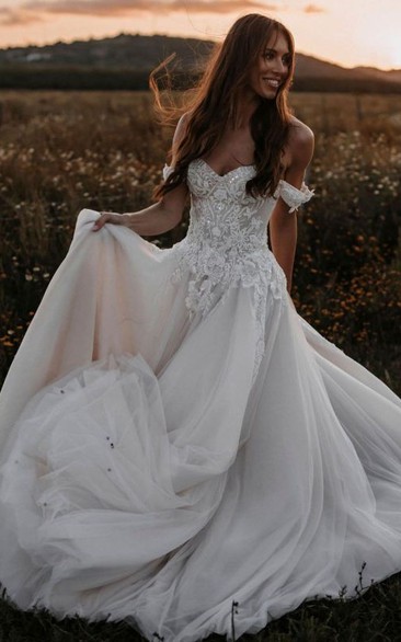 Ethereal Off-the-shoulder A Line Tulle Wedding Dress with Beading