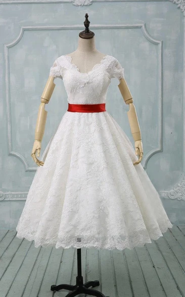 Wedding Satin Sash Cap Sleeve Tea-Length Scalloped Gown