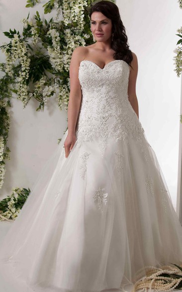 Tulle Lace Appliqued A-line plus size wedding dress With Corset Back