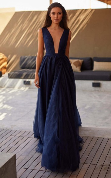 Sleeveless Plunging Neck A Line Prom Dress with Split Front
