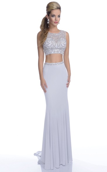 Form-Fitted Featuring Jeweled-Bodice Crop-Top Jersey Formal Sleeveless Dress