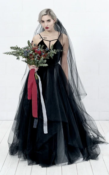 Gothic Black A Line Straps Tulle Wedding Dress with Ruffles
