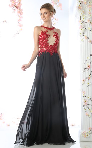 Multi-Color Keyhole Appliqued A-Line Full-Length Sleeveless Jewel-Neck Chiffon Dress