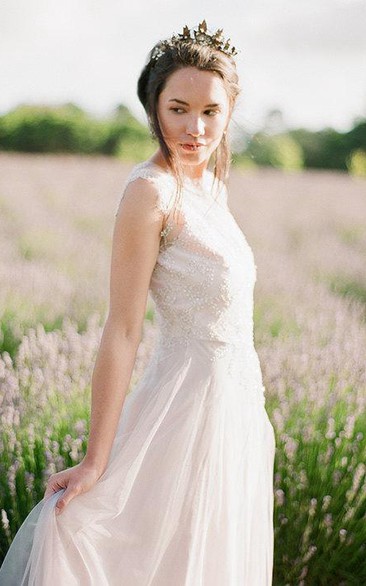 Long Beaded Wedding Sleeveless Jewel-Neckline Tulle Dress