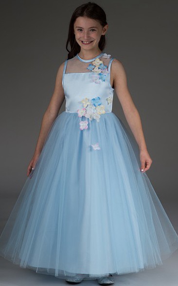 Princess Floral Sleeveless Jewel-Neckline Flower Girl Dress