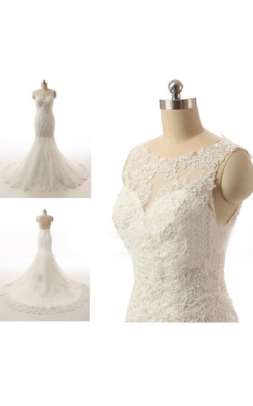 Lace Appliqued Trumpet Bateau-Neckline Bridal Dress