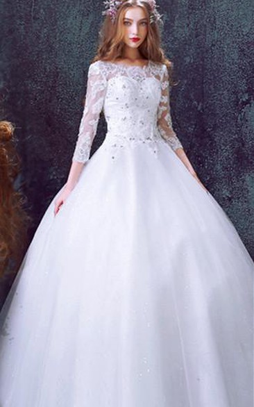 Rhinestoned 3 4-Long Sleeve Princess Tulle Romantic Dress