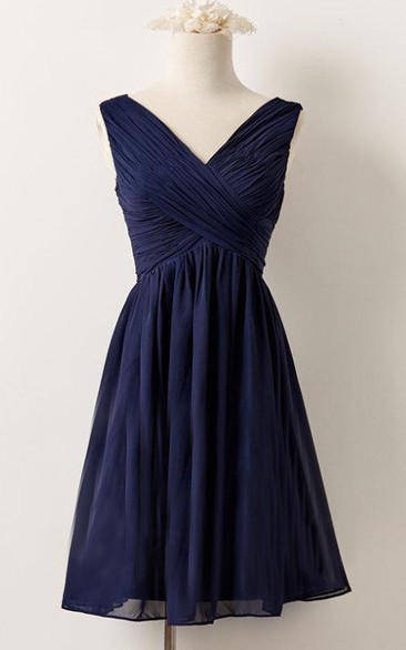 V-neck short Sleeveless A-line Chiffon Bridesmaid Dress