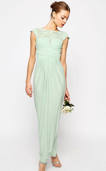 Bateau Cap-sleeve Pencil Ankle-length Dress With Lace And Split Back