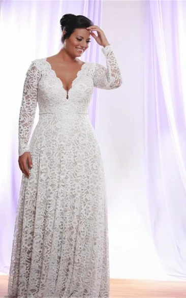 V-neck Lace Illusion Long Sleeve Wedding Dress