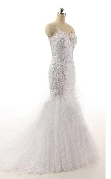 Spaghetti-strap Mermaid Tulle Wedding Dress With Beading And Illusion