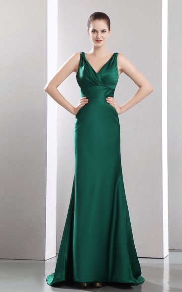 Satin Brush Train Plunged Flattering Dress