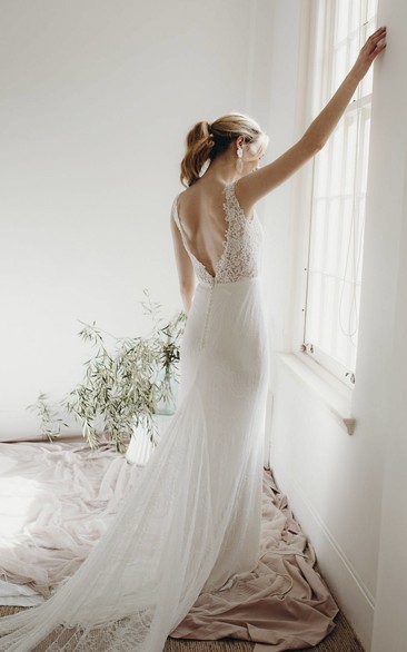 Elegant Sheath Sleeveless Plunging V-neck Lace Bridal Gown With Deep V-back And Buttons