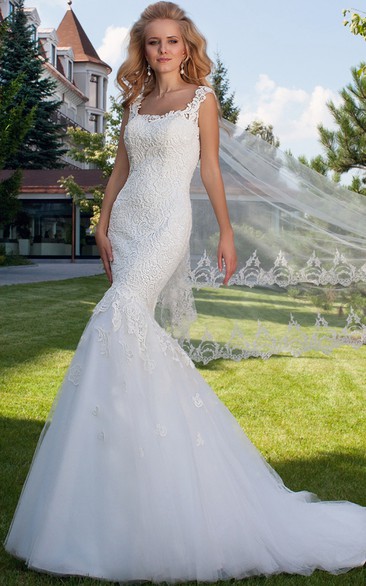 square-neck fishtail Tulle Lace Wedding Dress With Illusion back