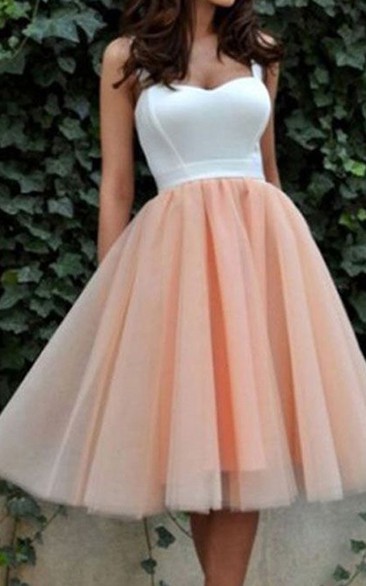 Sleeveless A-line Ball Gown Tea-length Straps Pleats Satin Organza Homecoming Dress