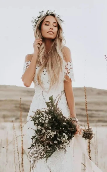 Bohemian Country Style Sheath Lace Off-the-shoulder Illusion Short Sleeve Dress