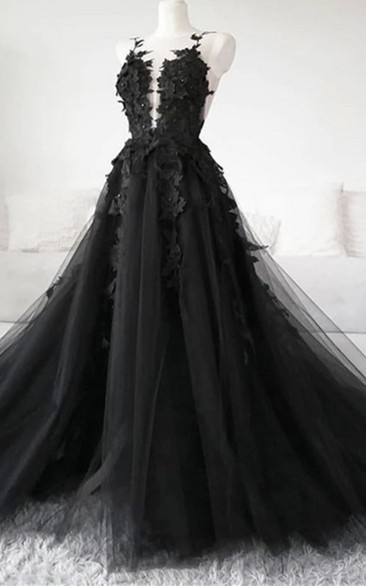 Modern Ball Gown Floor-length Sleeveless Tulle Formal Dress with Appliques