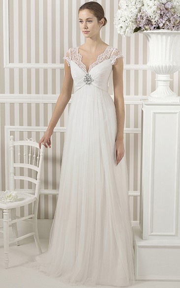 Tulle Cap-sleeve Ruched Empire Wedding Dress With Low-V Back And Sweep Train