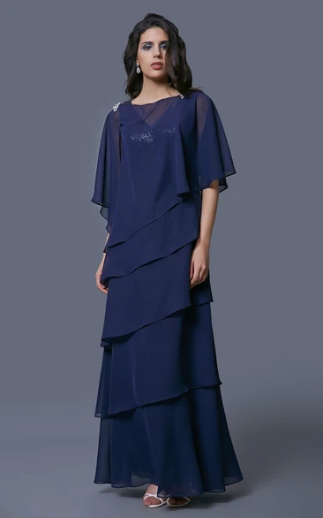 Bateau caped Chiffon tiered Mother of the Bride Dress With Sequins