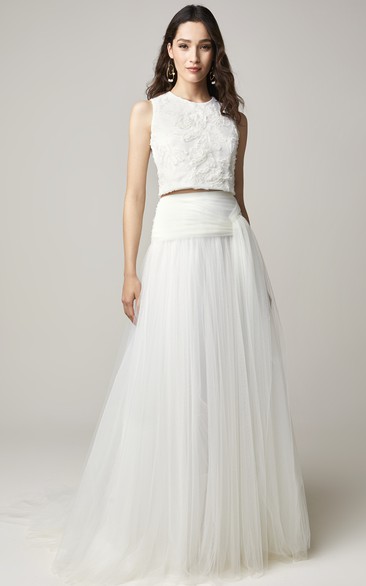 Romantic Two Piece Bateau Tulle Wedding Dress with Sash