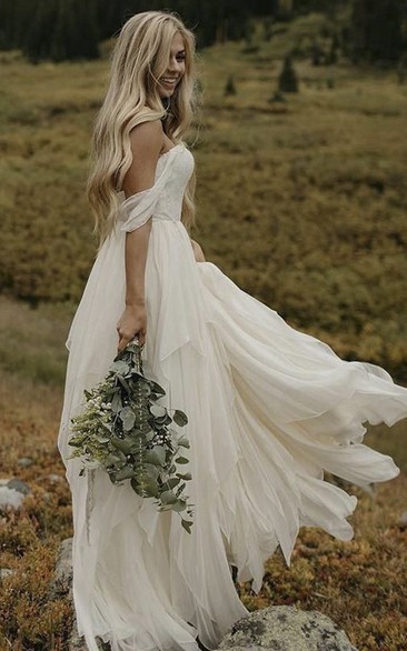 Ethereal Sweetheart Off-the-shoulder Chiffon Floor Length Bridal Gown