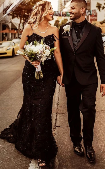 Black Trumpet Style Spaghetti Strap Court Train Satin Wedding Dress with Beading and Appliques