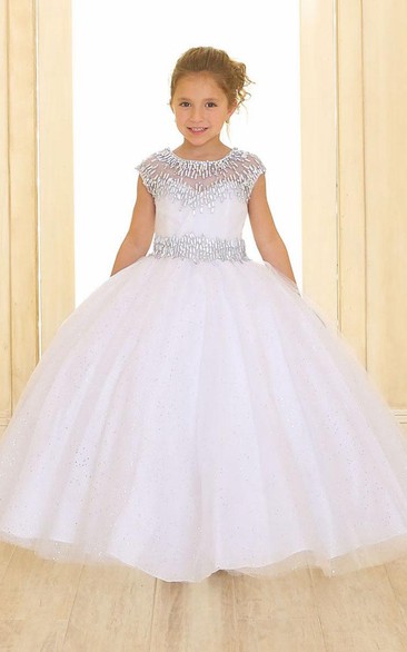 Scoop-neck Cap-sleeve Ball Gown flower girl Dress With Beading
