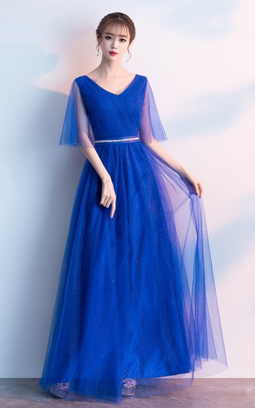V-neck Tulle Floor-length Guest Formal Dress With Ruching