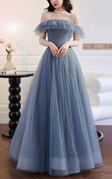 Off-the-shoulder Ruched Ball Gown Sequin Adorable Formal Evening Dress