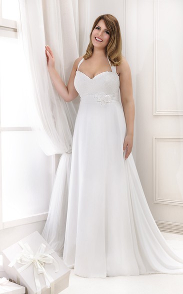 Haltered A-line plus size wedding dress With Flower And Lace top