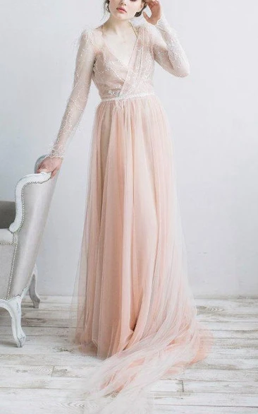 Spaghetti-strap Illusion Lace Long Sleeve Tulle Dress With Epaulet