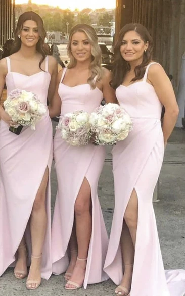 Simple Sweetheart Trumpt Bridesmaid Dress With Straps And Front Split And Ruching