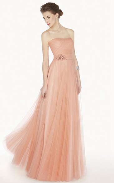 Strapless Tulle Pleated Long Dress With Embellished Waist