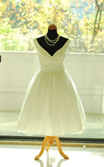 dipped-v-neck Sleeveless A-line Satin short Wedding Dress