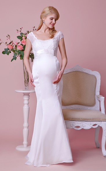 Satin High-Waist Bow Cap-Sleeved Lace Gown