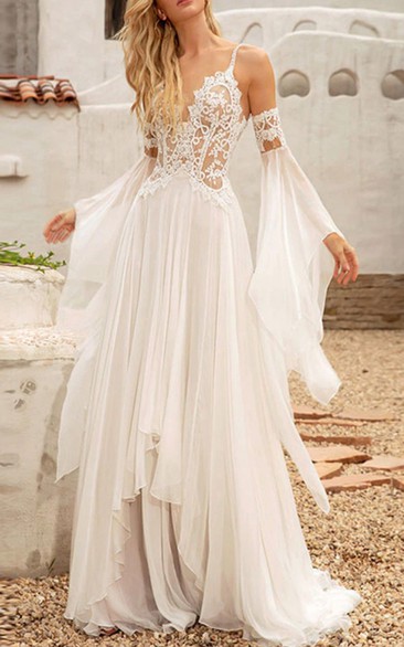 Chiffon Empire Spaghetti Poet-sleeve Pleated Wedding Dress with Lace Top