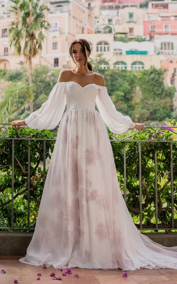 Adorable Off-the-shoulder Ruched Empire Simple Chiffon Wedding Dress