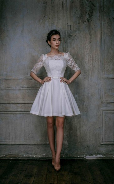 Bateau Illusion Lace Half Sleeve Satin A-line short Wedding Dress With Keyhole