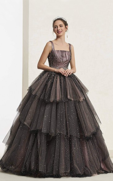 Beaded Luxury Vintage Sleeveless Square Neckline Ballgown With Lace-up And Ruffled Tiers