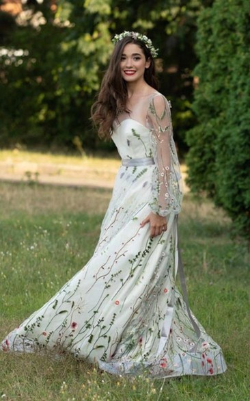 Long Sleeve Illusion Satin Fairytale Country Wedding Dress