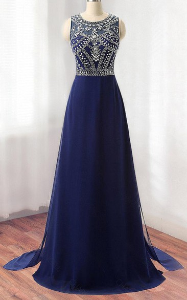 Scoop-neck Sleeveless A-line Prom Dress With jeweled top