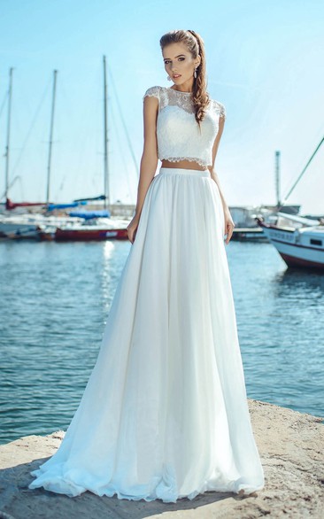 Two-piece Illusion Jewel Neck Cap-sleeve Floor Length Wedding Dress