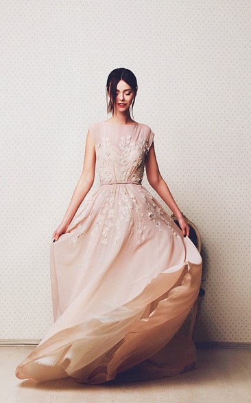 Bateau-Neck Appliqued A-Line Ethereal Long Gown