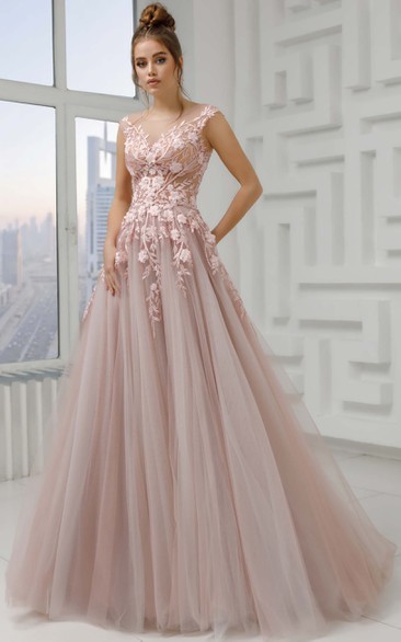 Scoop-neck Illusion Cap A-line Ball Gown Tulle Lace Applique Pleated Prom Dress