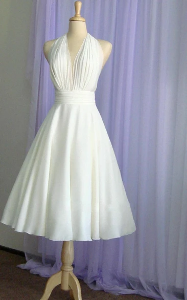 Wedding Halter Neckline Bow Tea-Length Vintage Gown