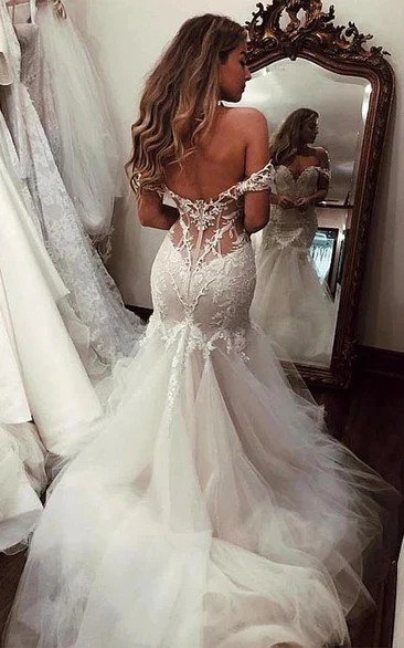 Off-the-shoulder Lace Applique Tulle Ruffled Low-v Back Wedding Dress