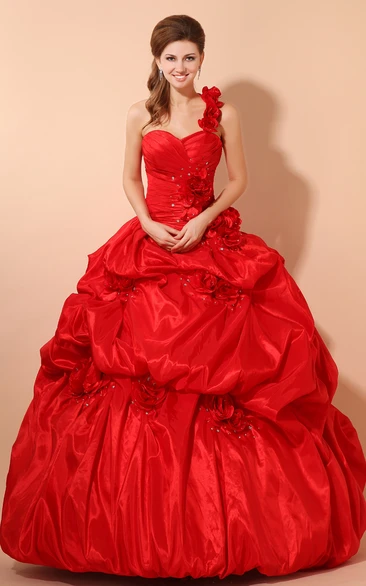 Flamboyant Floral Pick-Up Ruffled A-Line Sweetheart Ball Gown