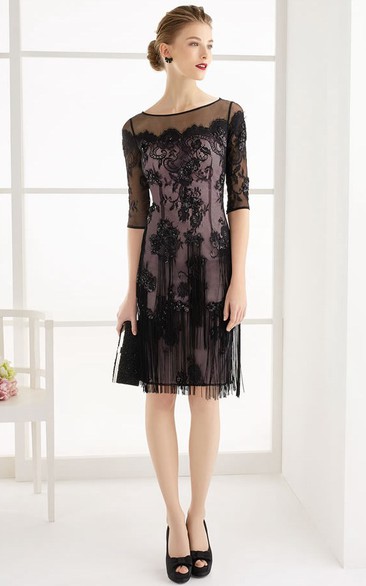 Bateau Illusion Half Sleeve Knee-length Dress With Lace Appliques